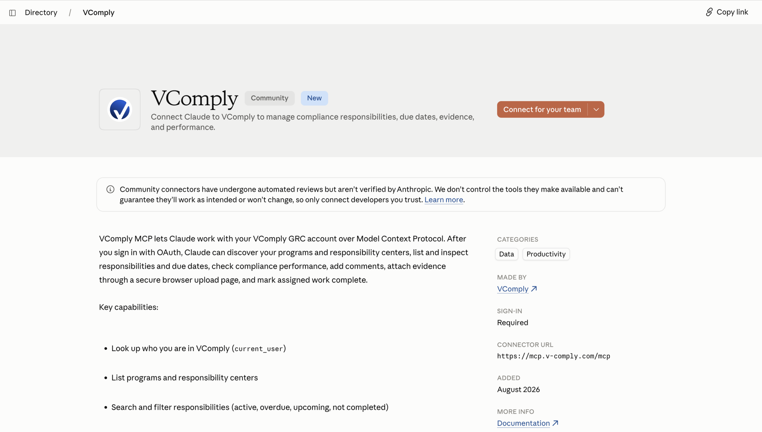 Add custom connector dialog with VComply MCP name and server URL entered