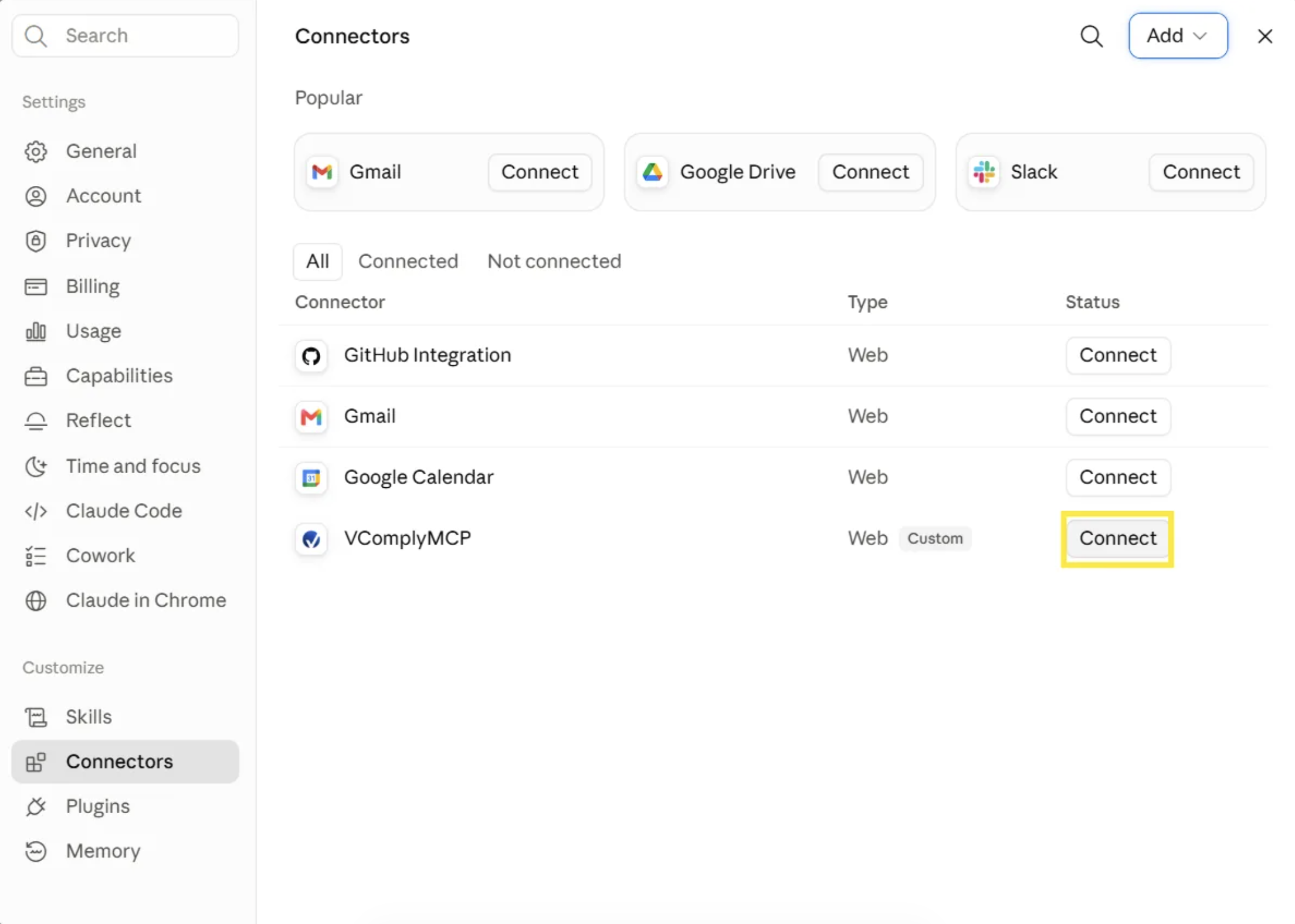 Connectors list with Connect highlighted next to VComply MCP
