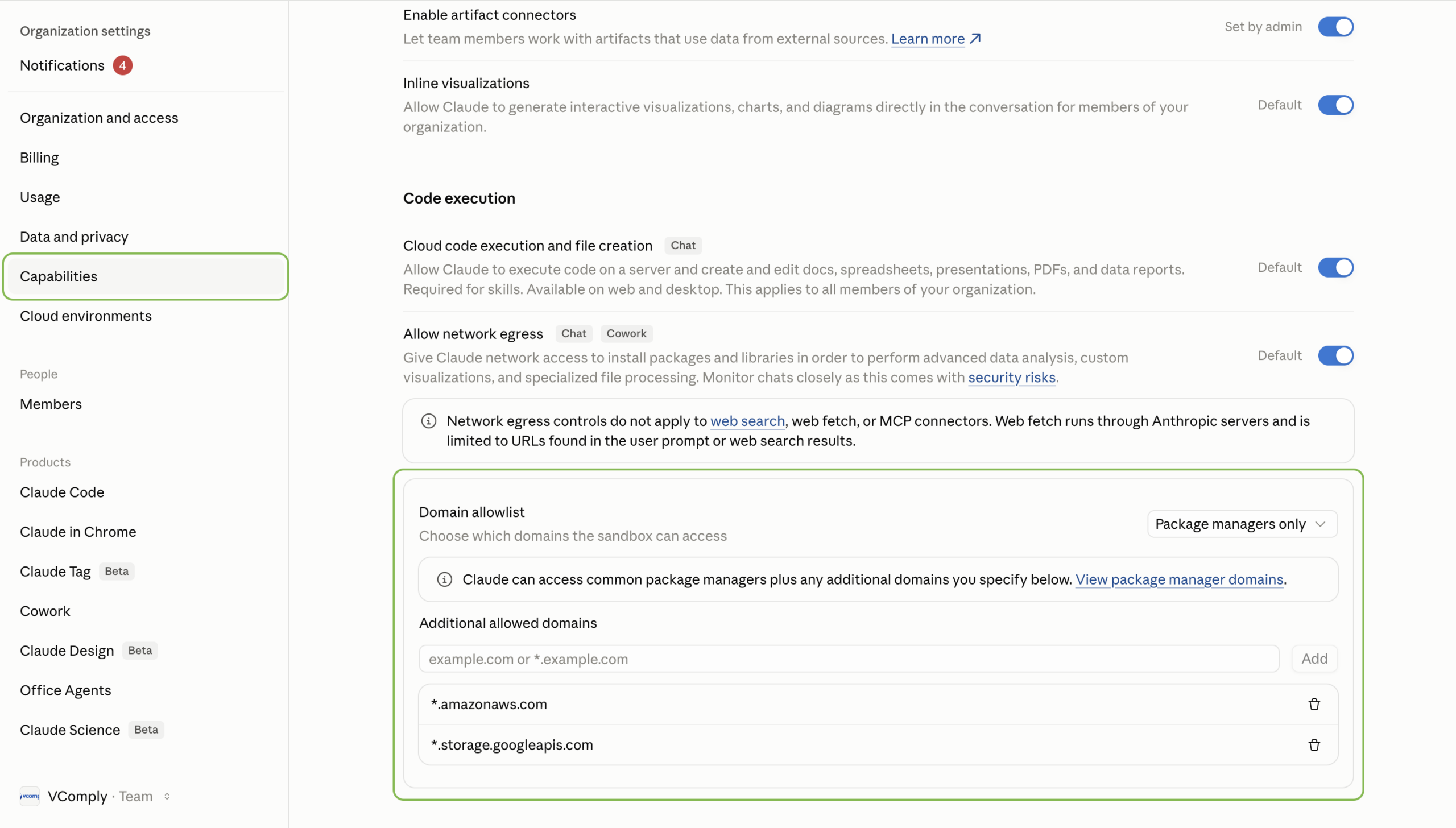 VComply MCP tool permissions list set to Always allow