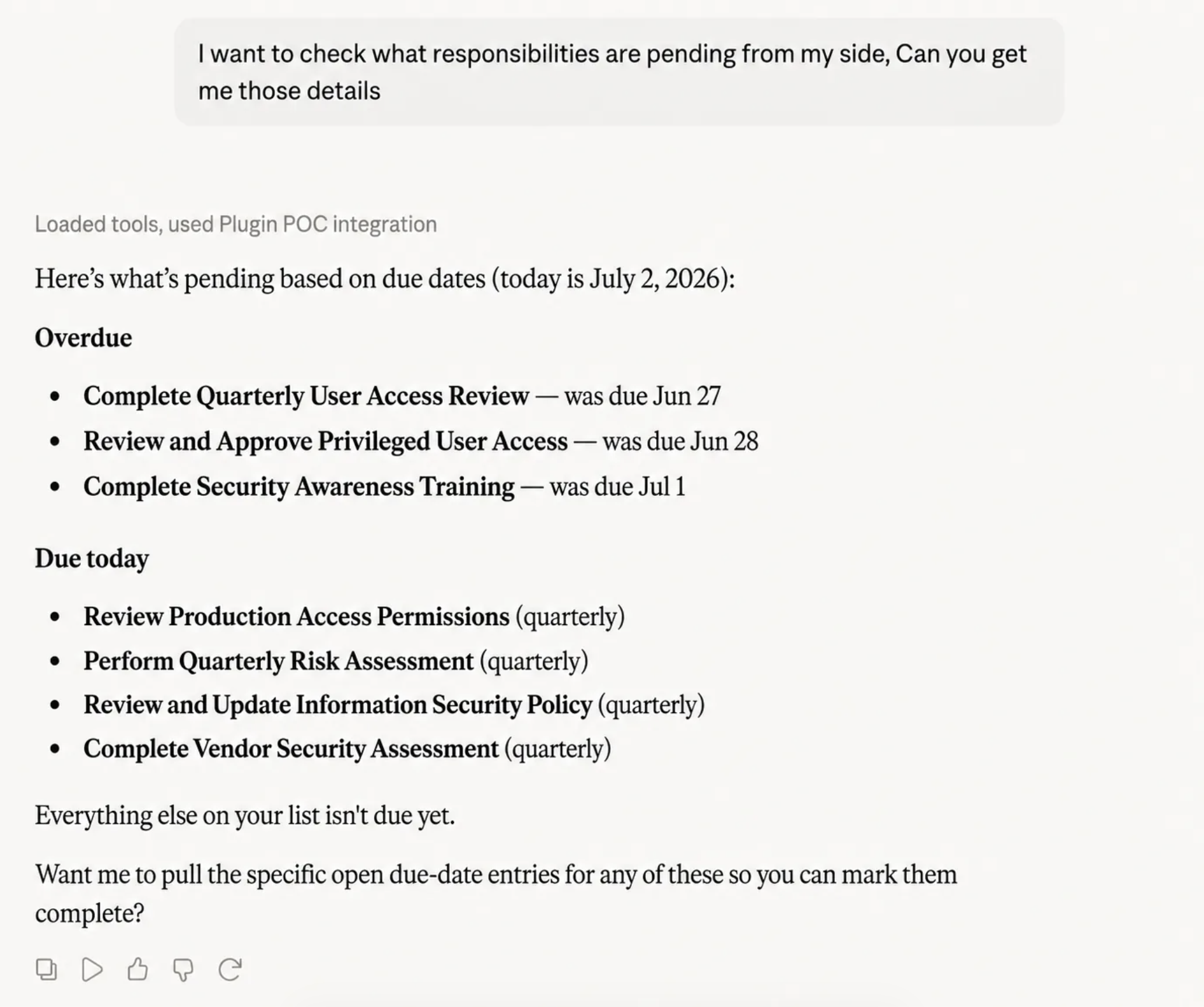 Claude listing overdue and due-today VComply responsibilities