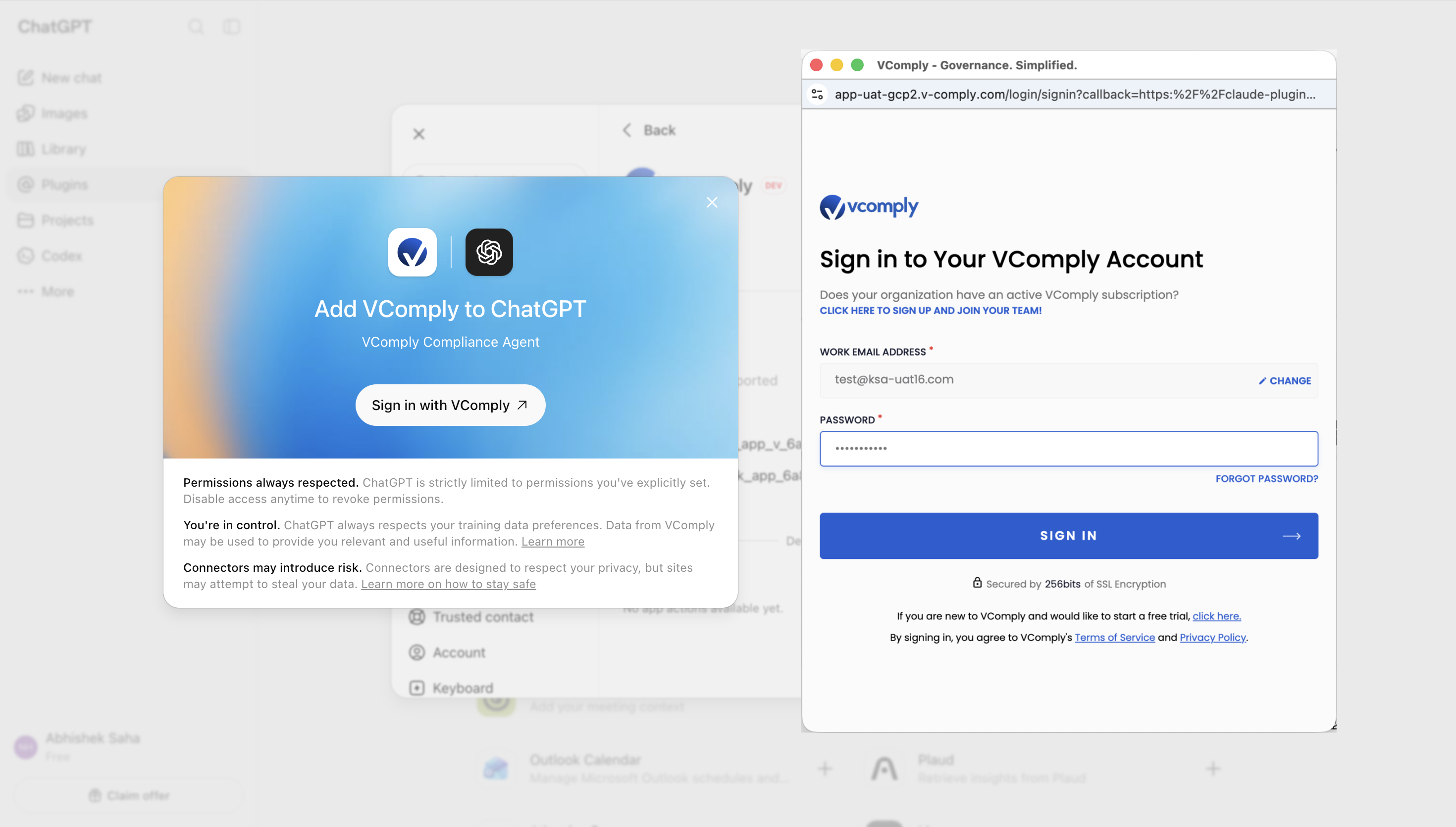 ChatGPT Add VComply screen with Sign in with VComply and the VComply login window