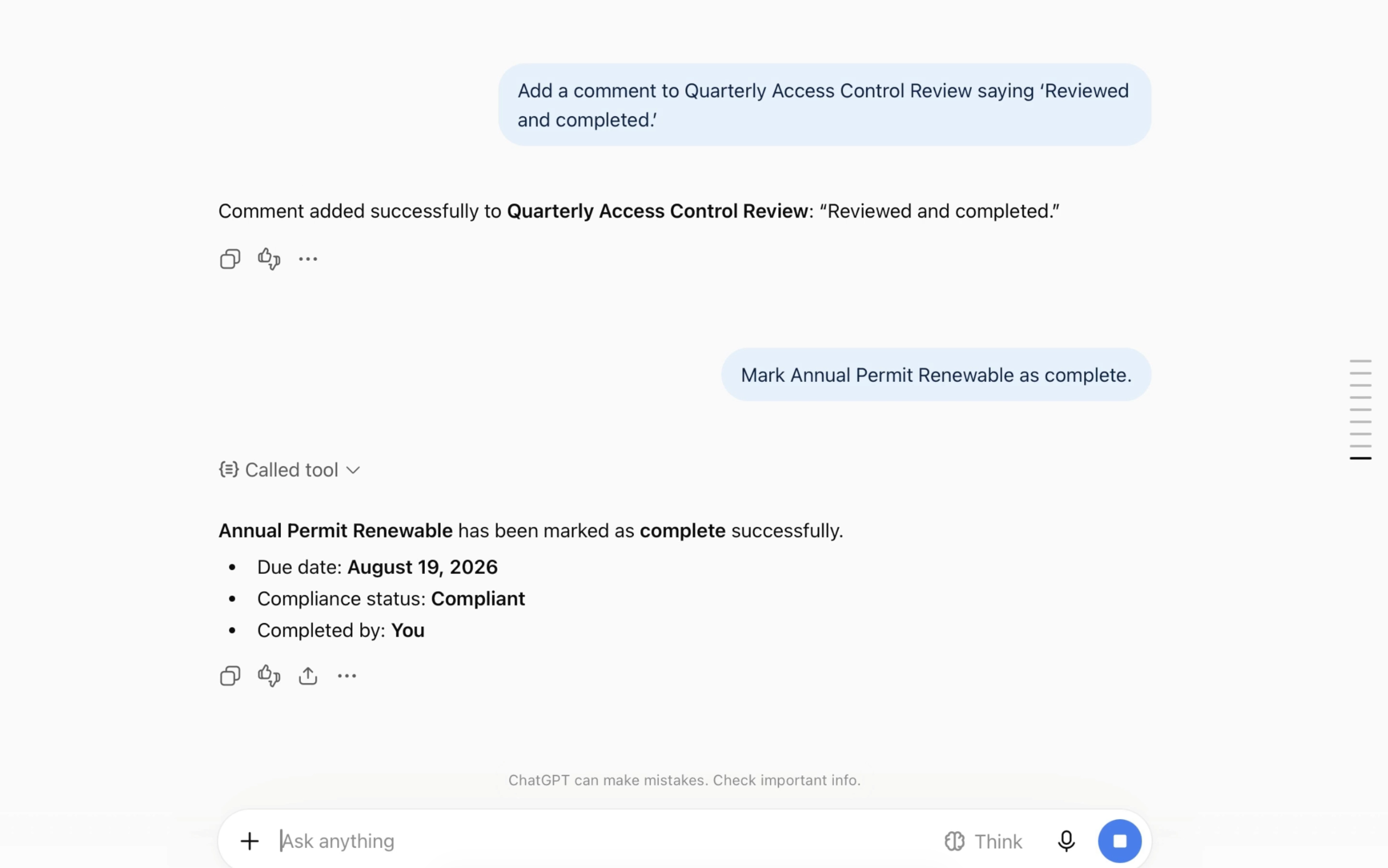 ChatGPT answering a VComply prompt with the current logged-in user details