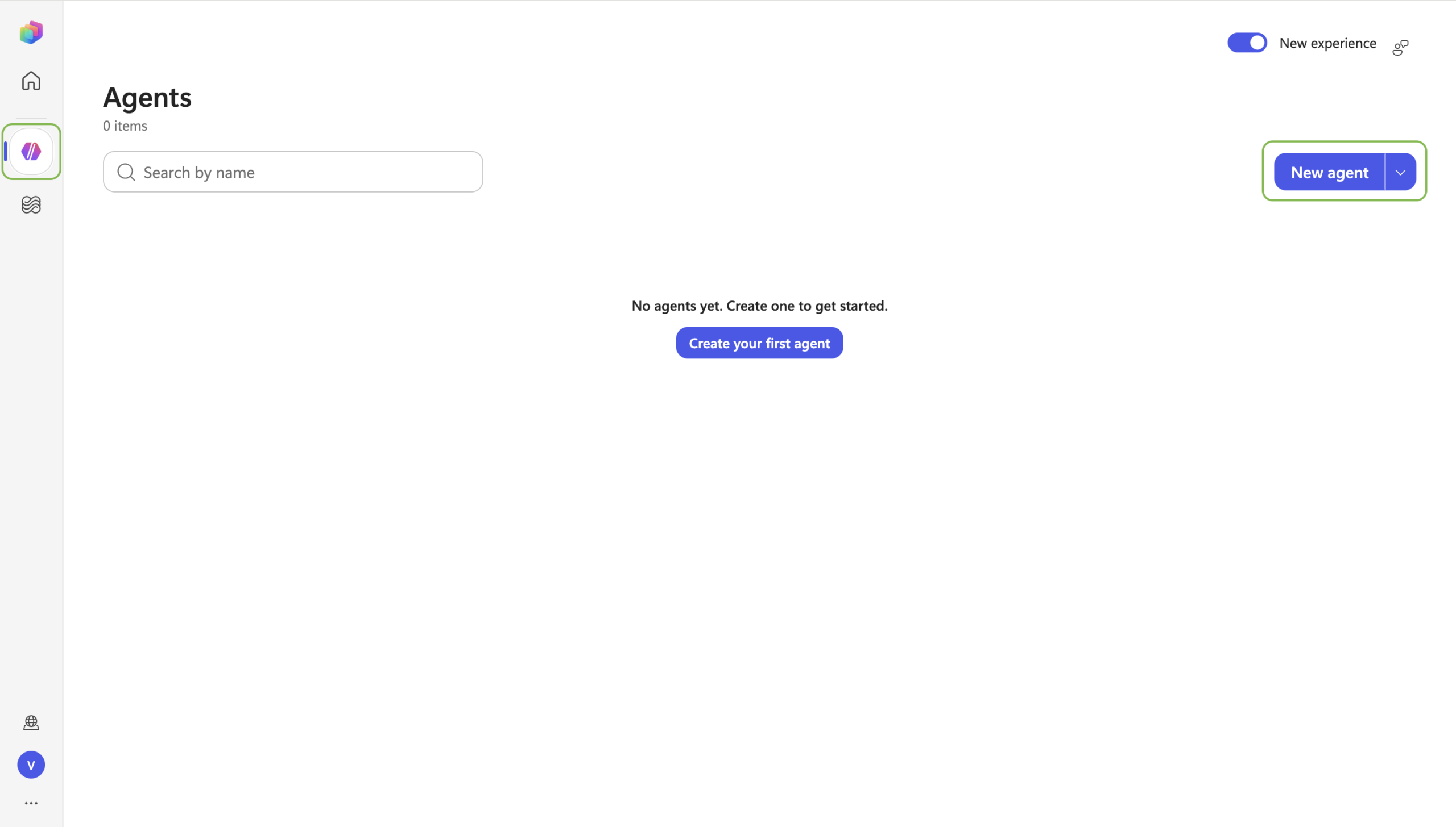 Agents page with the Agents sidebar icon and New agent button highlighted
