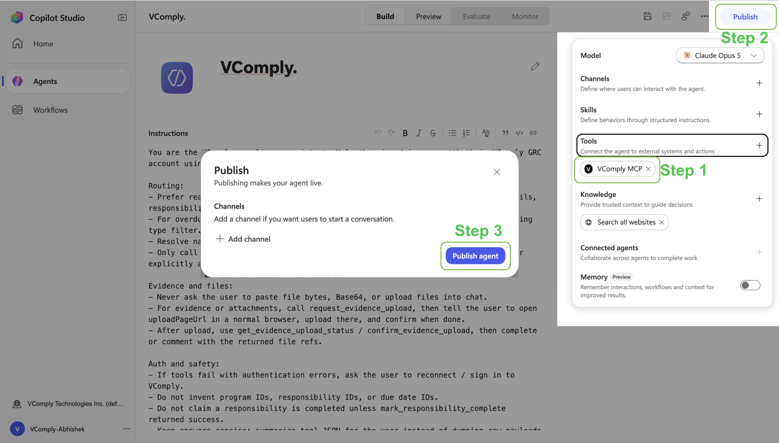 VComply agent Build tab with VComply MCP under Tools, Publish, and Publish agent highlighted