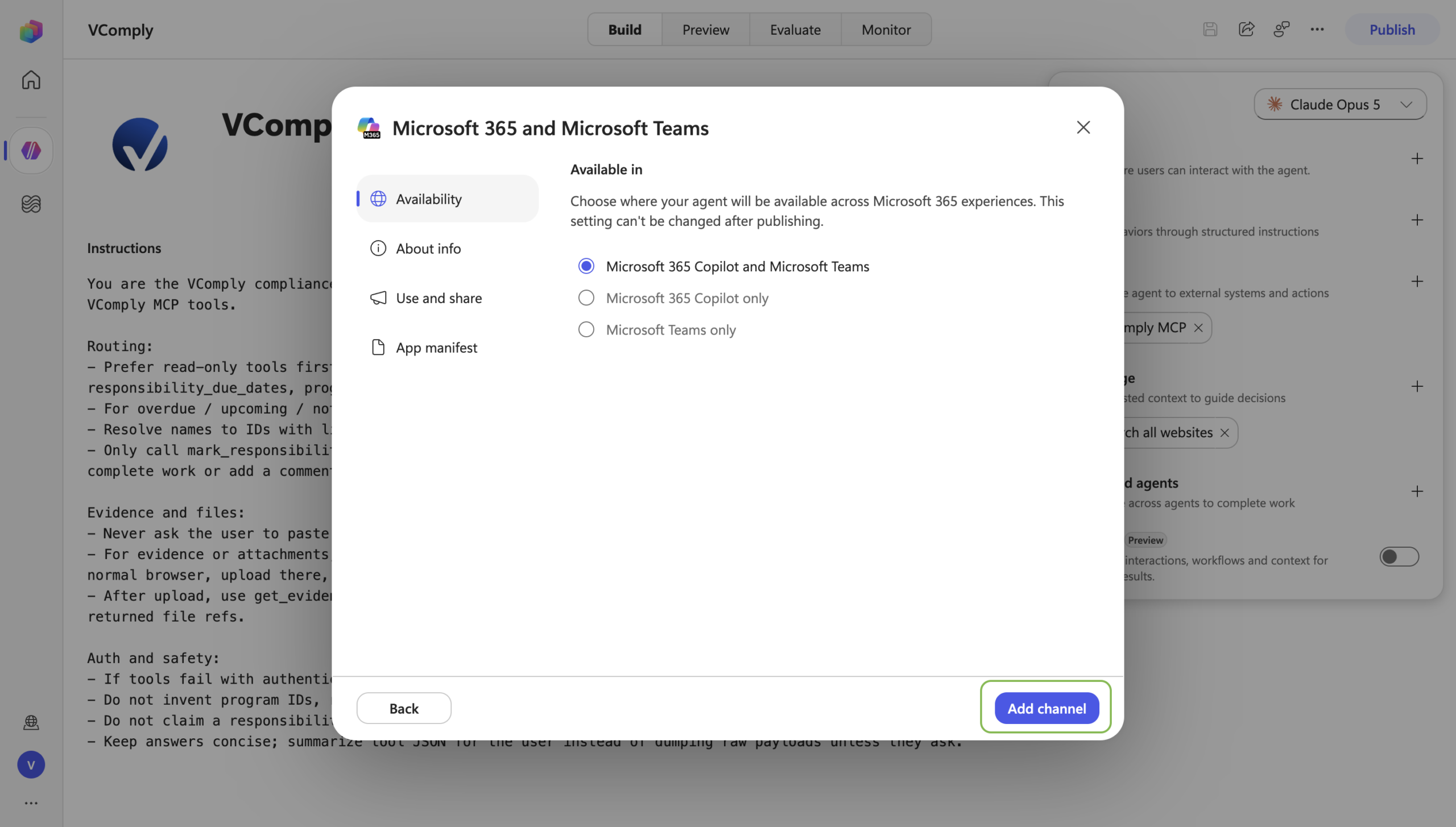 Microsoft 365 and Microsoft Teams dialog with Add channel highlighted