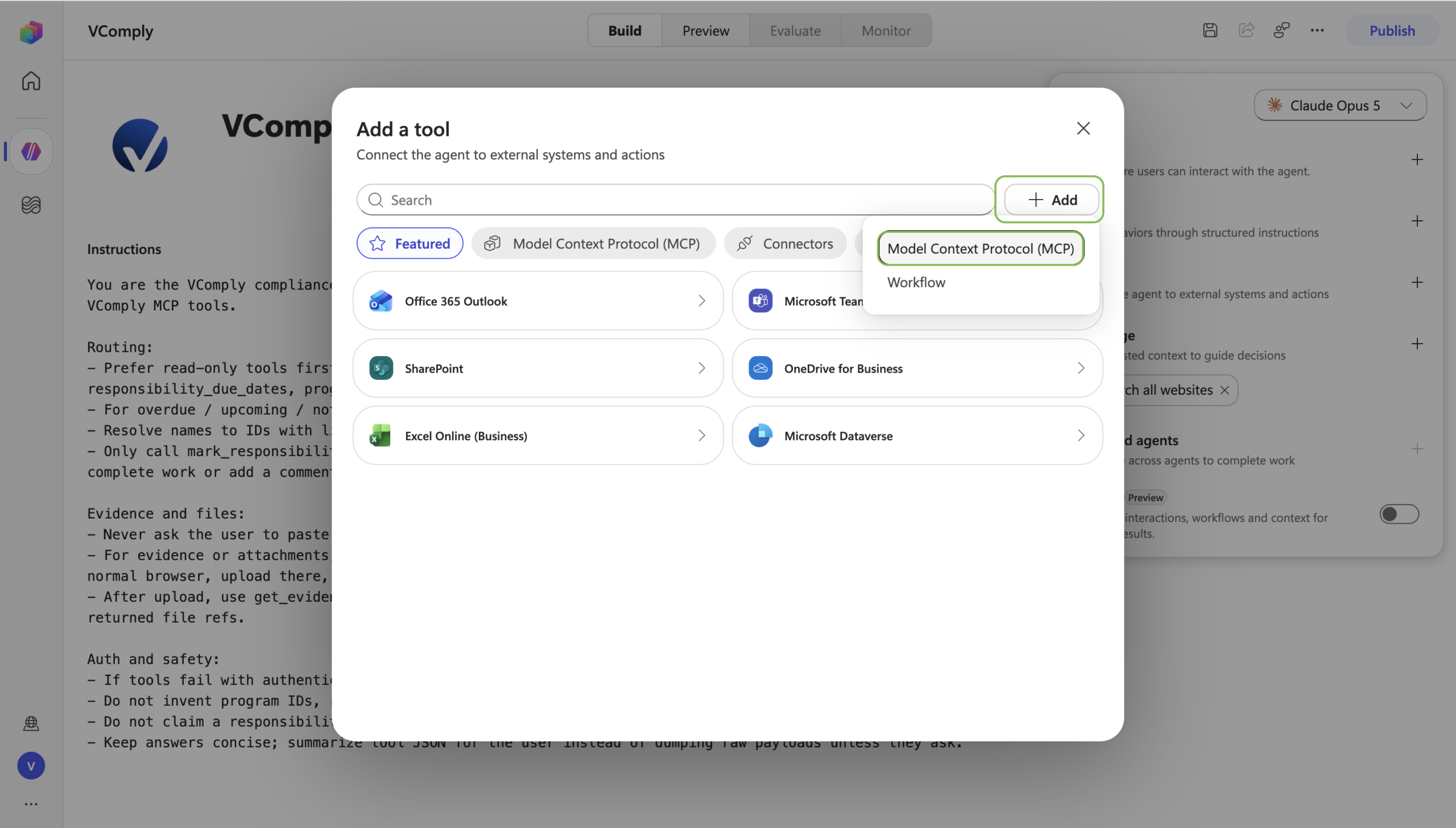 Add a tool dialog with the Add menu open and Model Context Protocol (MCP) selected