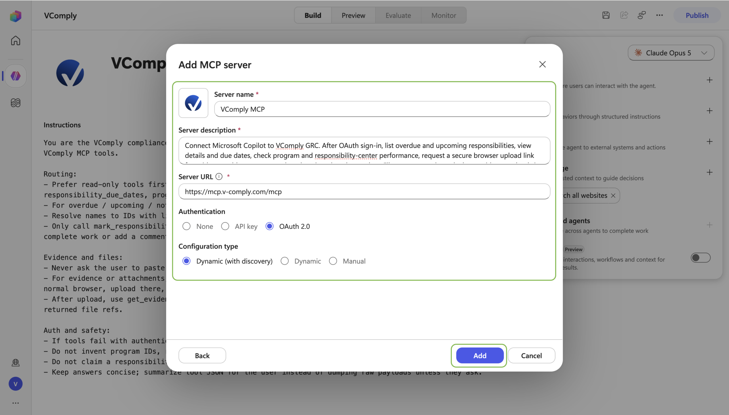 Add MCP server dialog with VComply MCP details filled in and Add highlighted