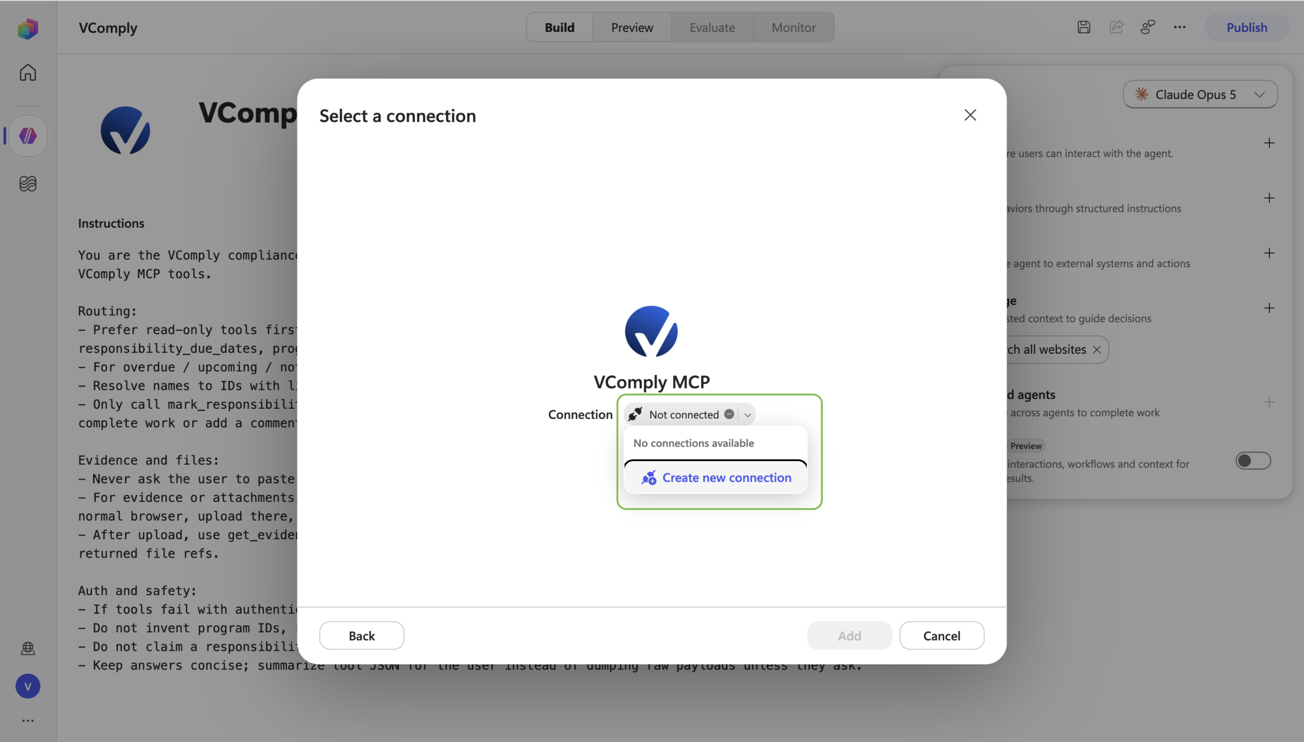 Select a connection dialog with No connections available and Create new connection highlighted