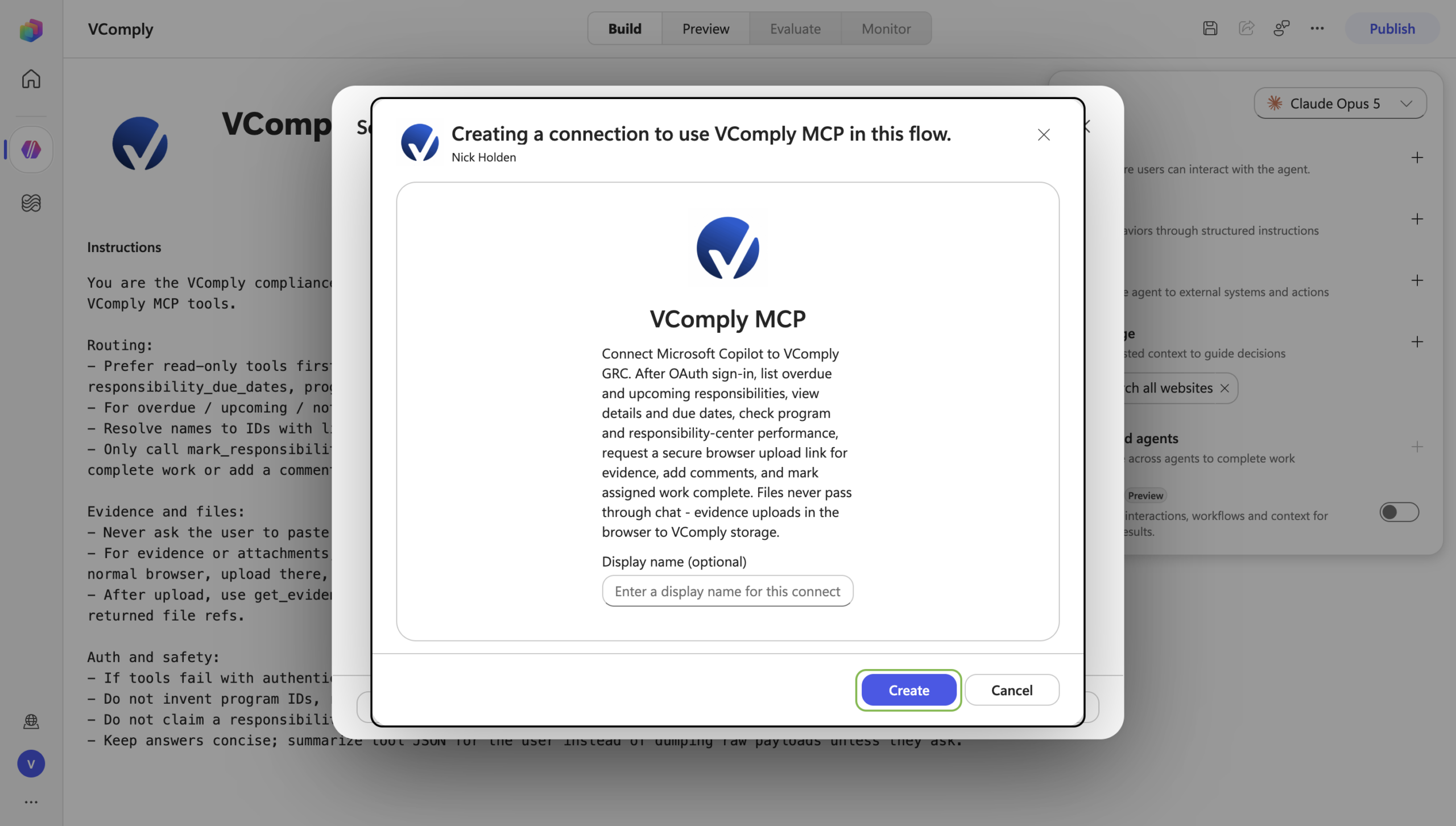 Creating a connection to use VComply MCP dialog with Create highlighted