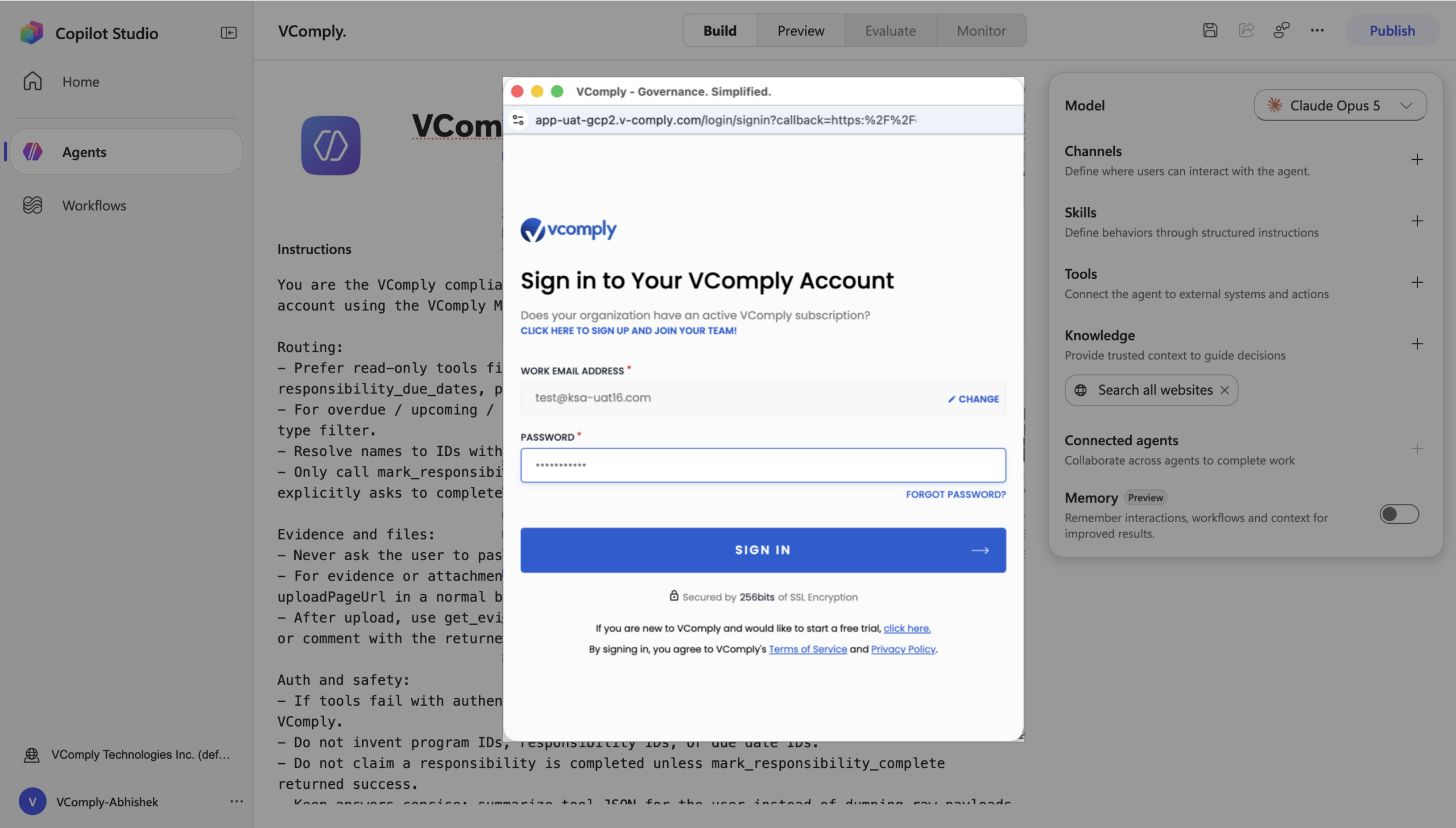 VComply sign-in window over Copilot with work email, password, and Sign In