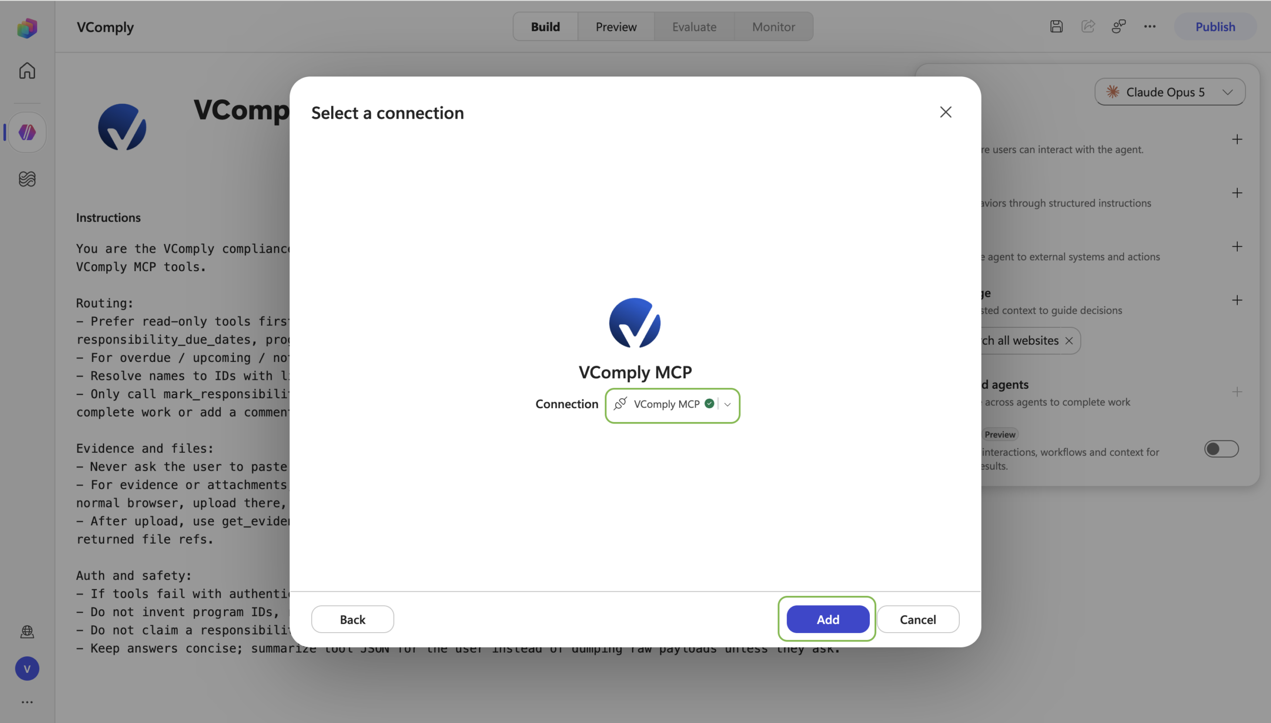 Select a connection dialog with VComply MCP connected and Add highlighted