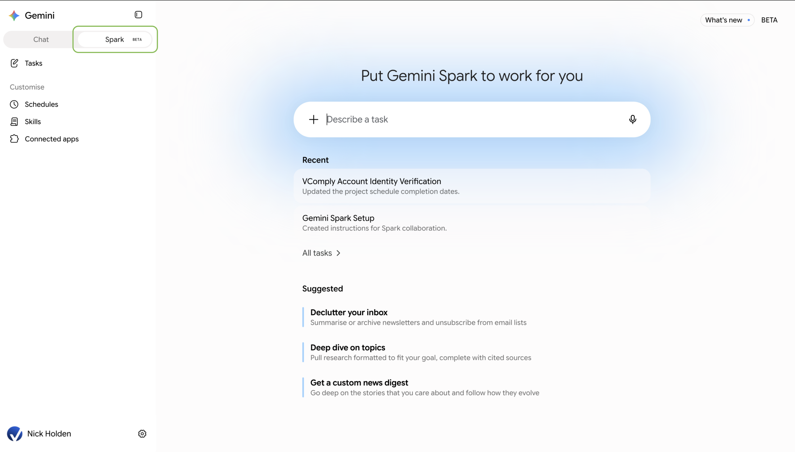 Gemini Spark home with Spark BETA selected in the left sidebar