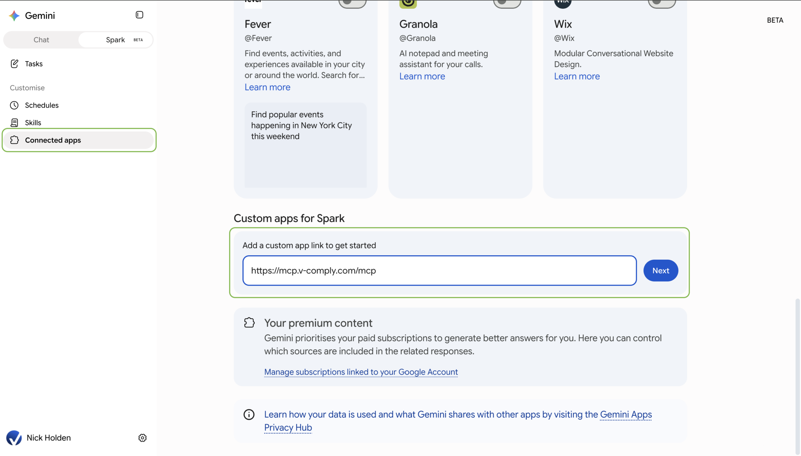 Gemini Spark Connected apps with the VComply MCP URL entered and Next highlighted