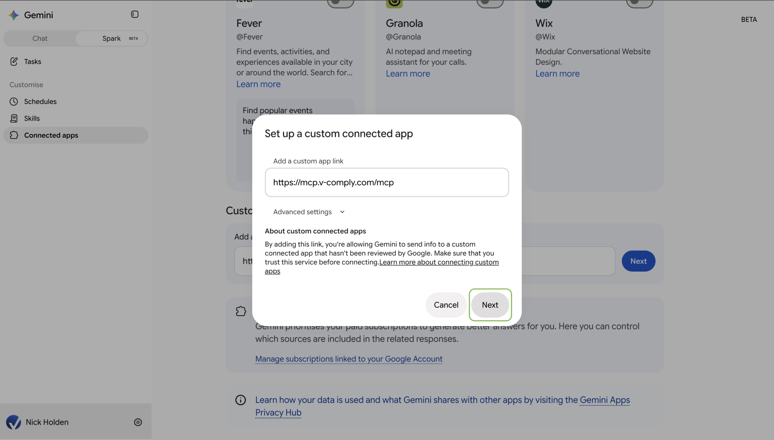 Set up a custom connected app dialog with the VComply MCP URL entered and Next highlighted
