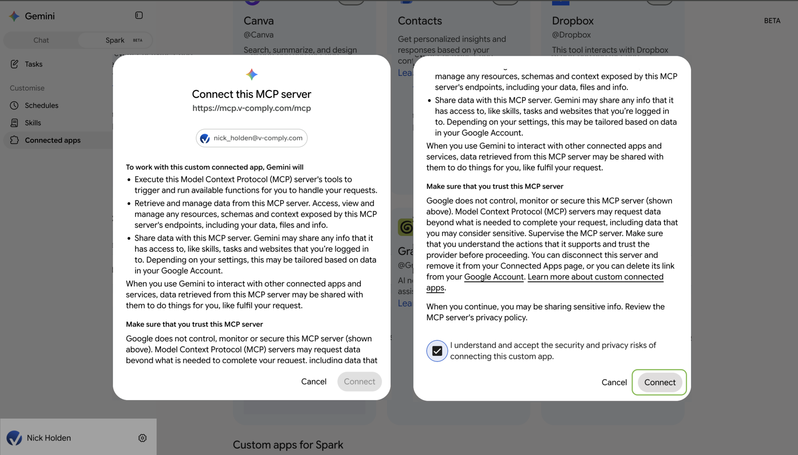 Connect this MCP server dialog with the consent checkbox selected and Connect highlighted