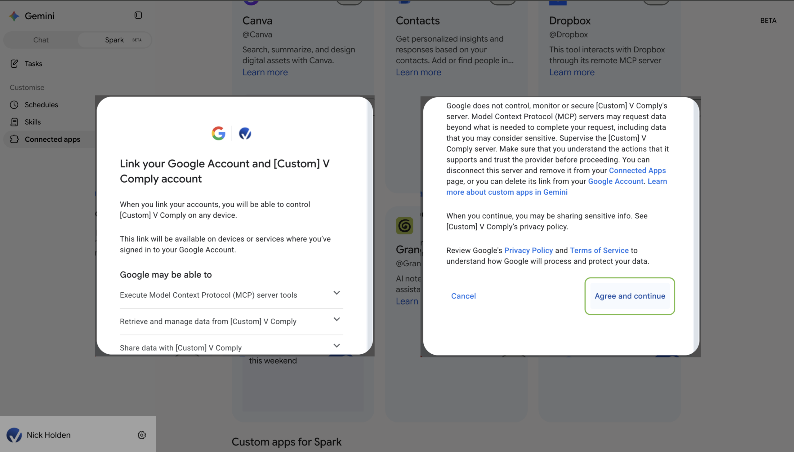 Link your Google Account and Custom V Comply account dialog with Agree and continue highlighted