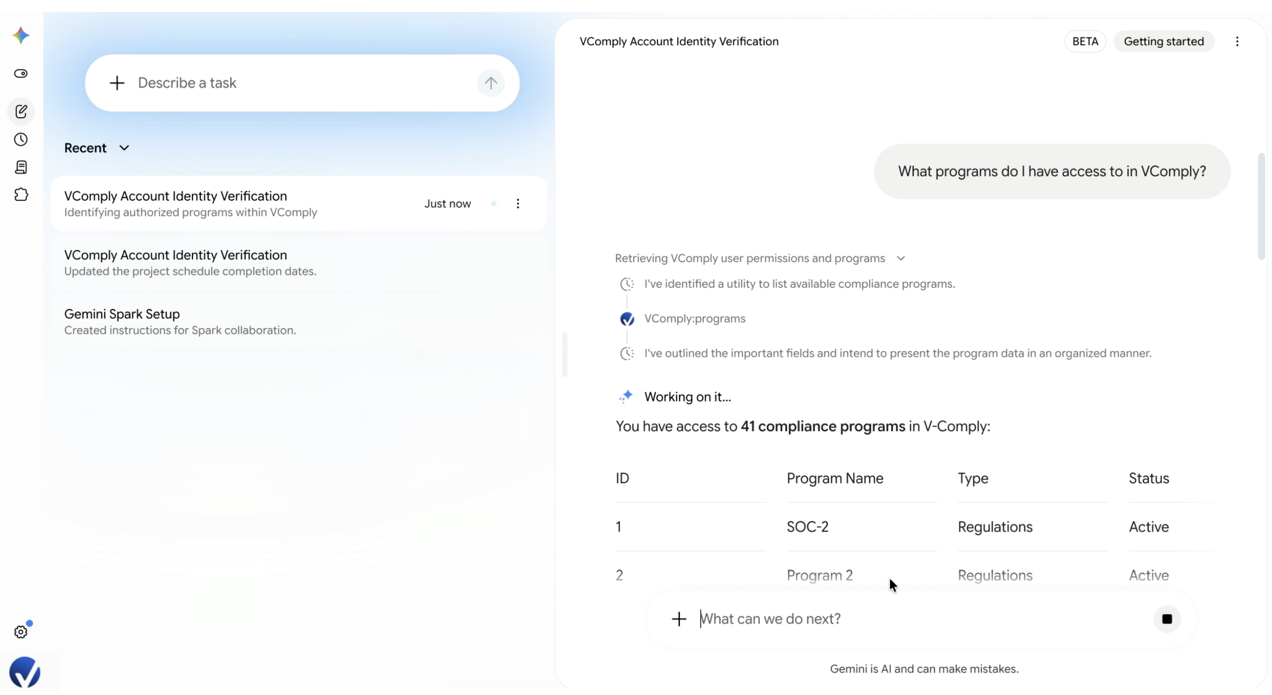 Gemini Spark answering a VComply question with a list of compliance programs