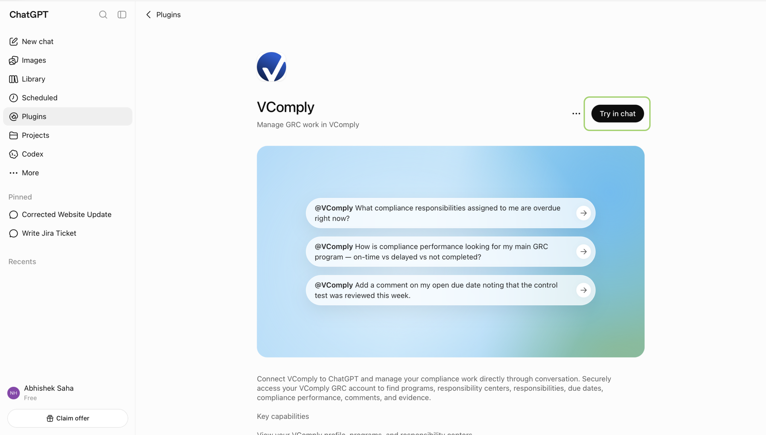 VComply plugin page with Try in chat highlighted