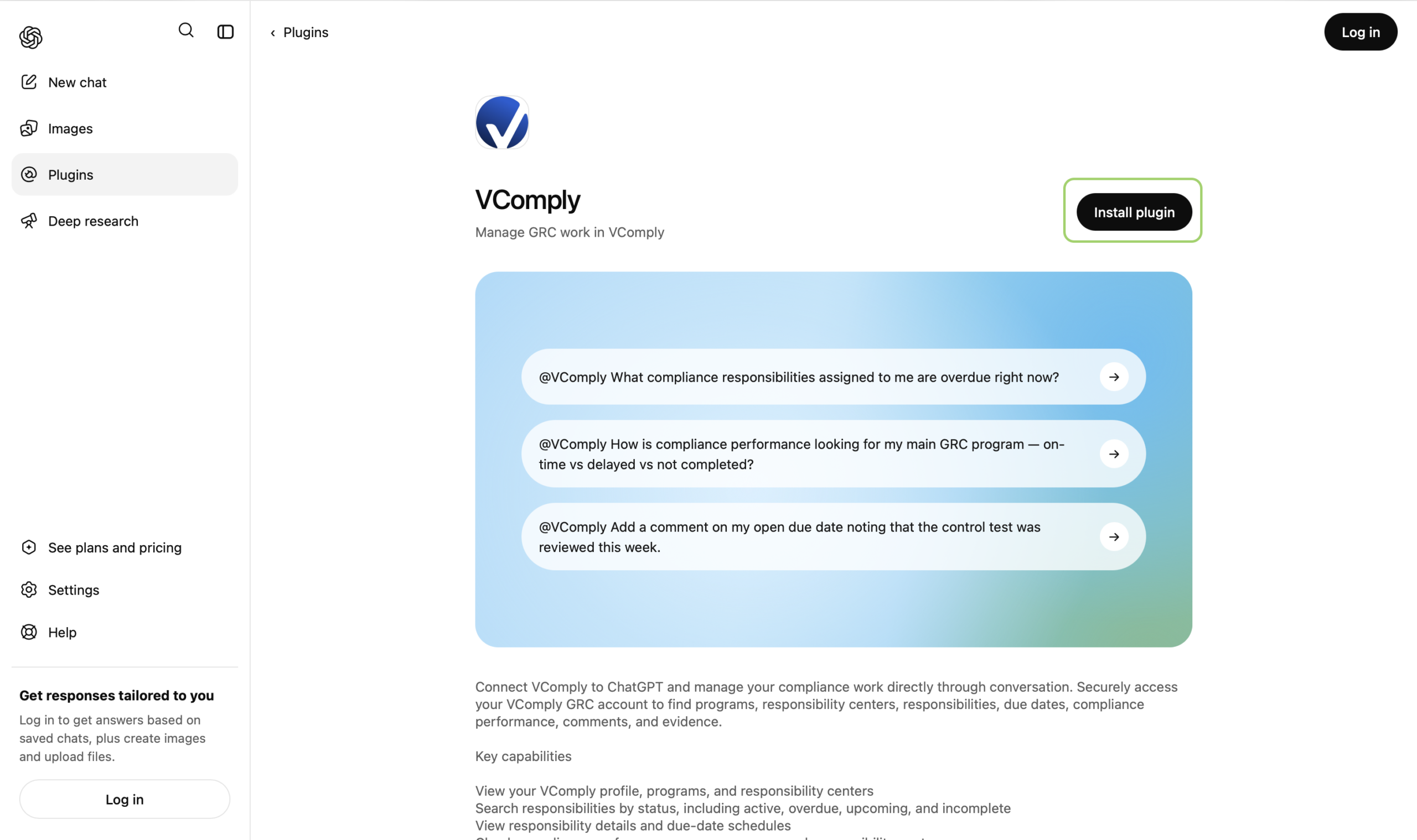 VComply plugin page with Install plugin highlighted